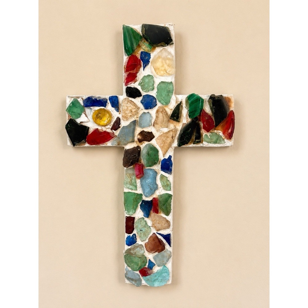 12" Handmade Stained Glass Mosaic Cross Wall Hanging Signed Longacre 2006